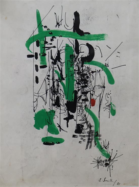 E. Smith, ink and gouache, abstract, signed and dated 51, 39 x 28cm